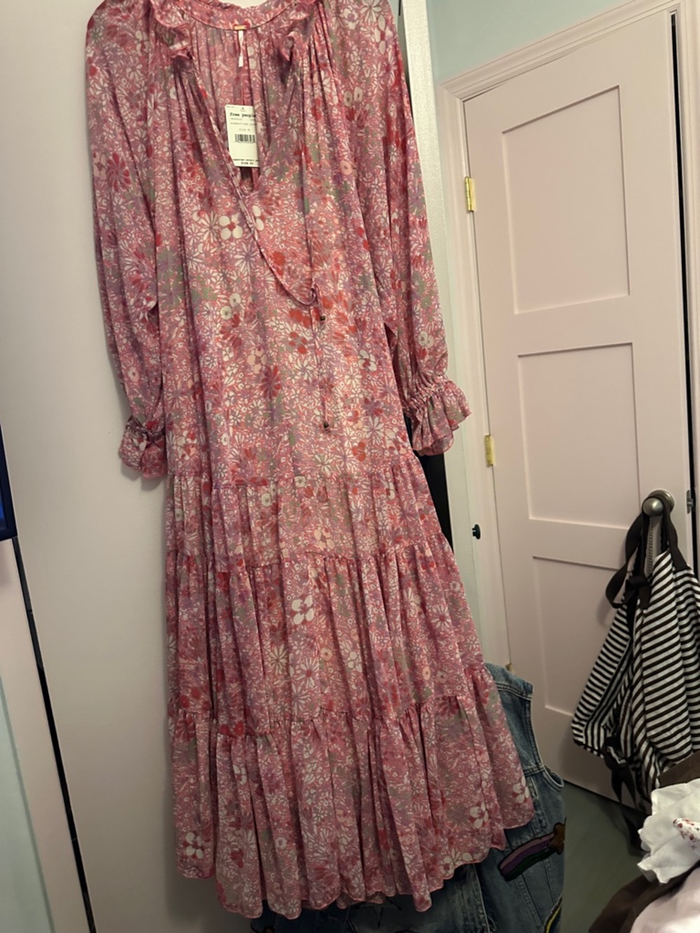 Free People Pink Floral Tie-Neck Tiered Maxi Dress
